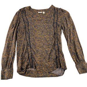 Hinge Women's Blouse size XS Black Yellow Long Sleeve Viscose Pullover Career